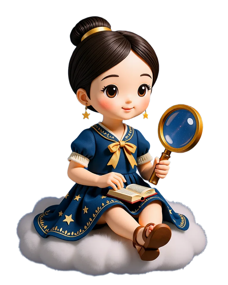 Inara (the girl with brown hair in a bun, a navy dress with stars, and star earrings) reading on a cloud — hero mascot